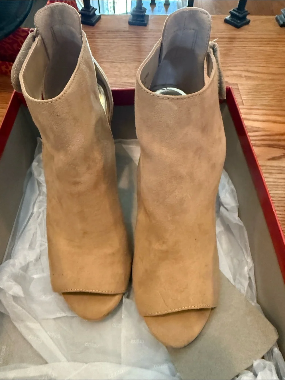 Guess Tan Suede Peep-Toe Block Heel Booties